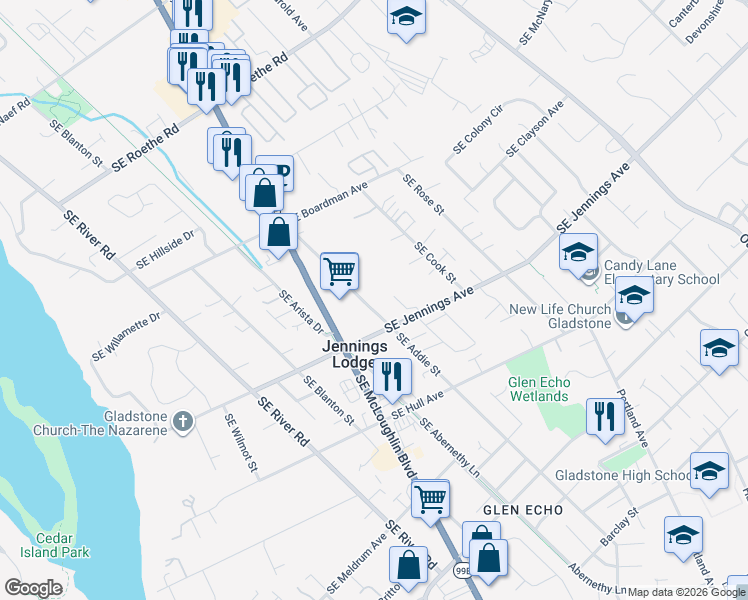 map of restaurants, bars, coffee shops, grocery stores, and more near 17960 Southeast Addie Street in Portland