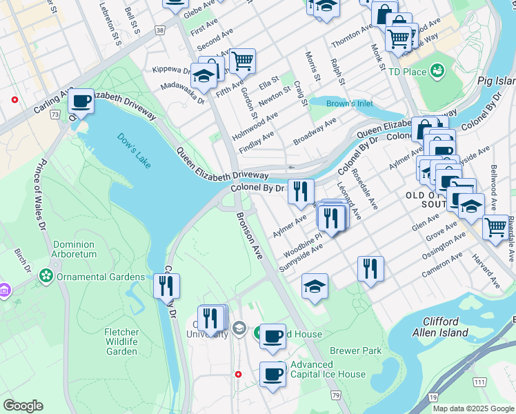 map of restaurants, bars, coffee shops, grocery stores, and more near 1071 Canal Woods Terrace in Ottawa