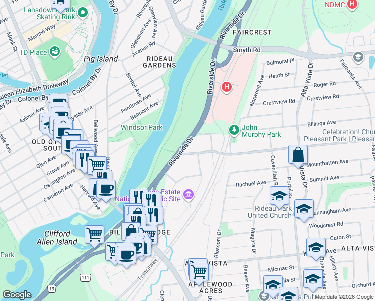 map of restaurants, bars, coffee shops, grocery stores, and more near 2047 Riverside Drive in Ottawa