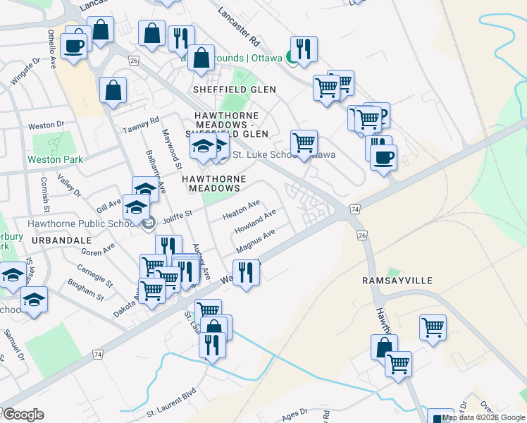 map of restaurants, bars, coffee shops, grocery stores, and more near in Ottawa