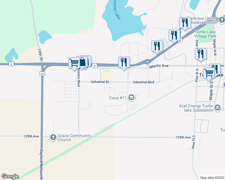 map of restaurants, bars, coffee shops, grocery stores, and more near 201 Hickory Street in Turtle Lake
