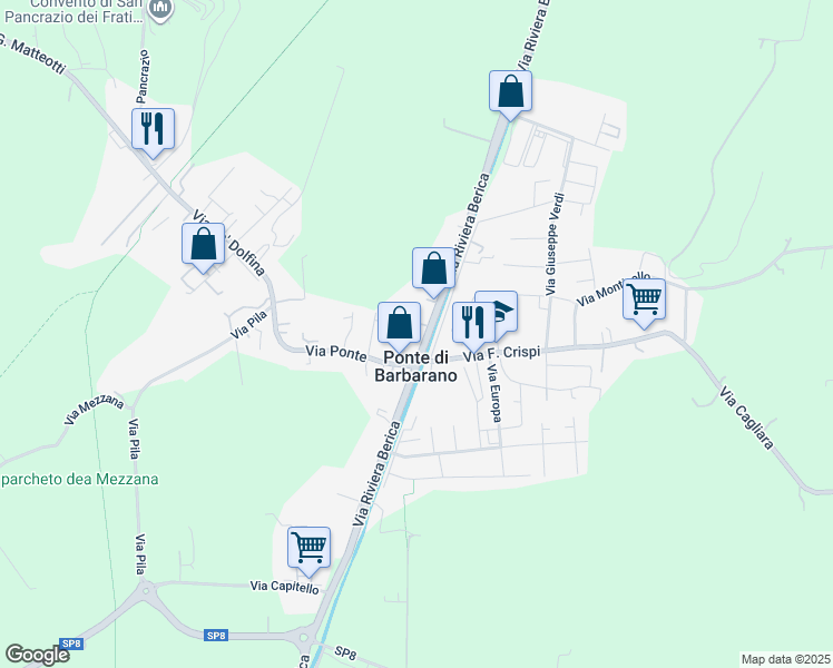 map of restaurants, bars, coffee shops, grocery stores, and more near 71 Via Riviera Berica in Ponte di Barbarano