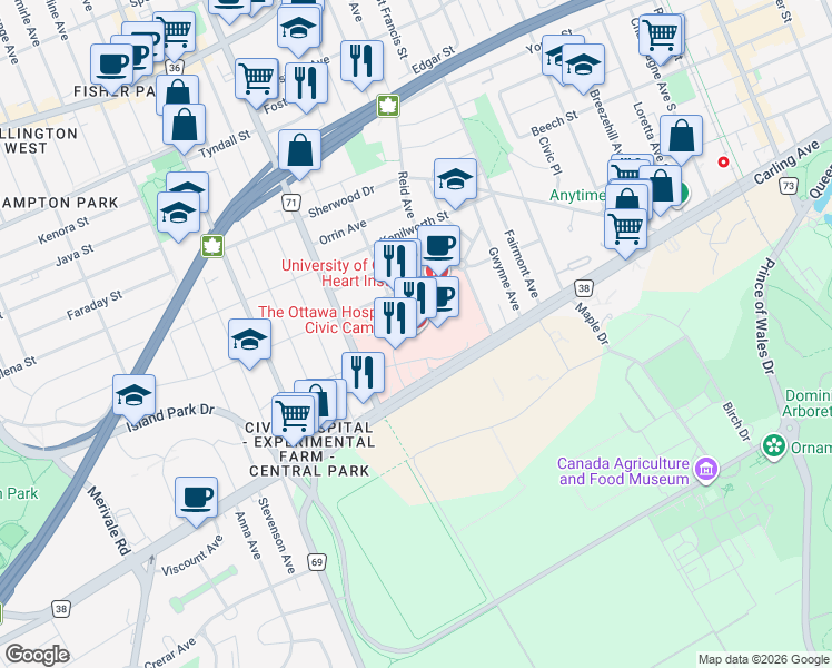 map of restaurants, bars, coffee shops, grocery stores, and more near 1053 Carling Avenue in Ottawa