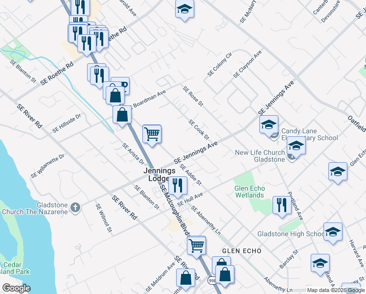 map of restaurants, bars, coffee shops, grocery stores, and more near 17970 Southeast Nature Way in Milwaukie