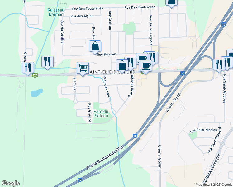 map of restaurants, bars, coffee shops, grocery stores, and more near 74 Rue de la Brise in Sherbrooke