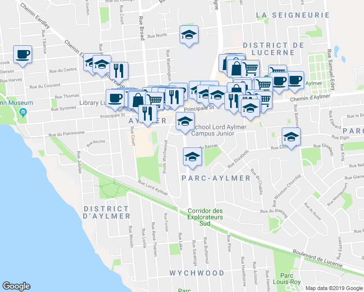 map of restaurants, bars, coffee shops, grocery stores, and more near 123 Avenue Frank-Robinson in Gatineau