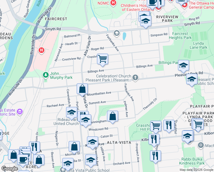 map of restaurants, bars, coffee shops, grocery stores, and more near 338 Pleasant Park Road in Ottawa
