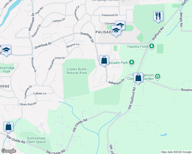 map of restaurants, bars, coffee shops, grocery stores, and more near 18460 Ray Ridge Drive in Lake Oswego