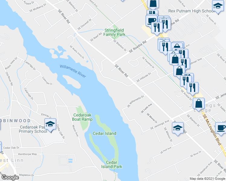 map of restaurants, bars, coffee shops, grocery stores, and more near 3870 Southeast Hillside Drive in Milwaukie