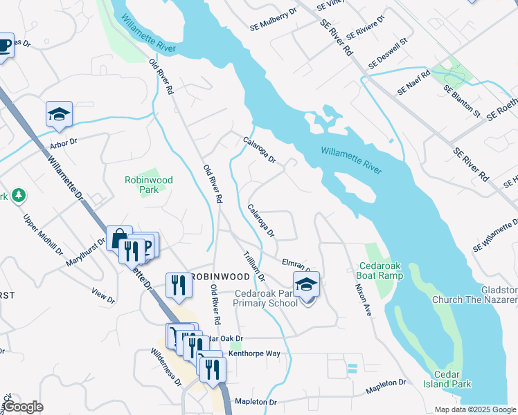 map of restaurants, bars, coffee shops, grocery stores, and more near 4433 Calaroga Drive in West Linn