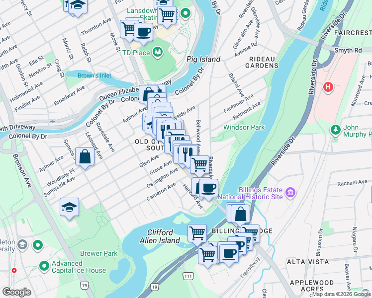map of restaurants, bars, coffee shops, grocery stores, and more near 43 Willard Street in Ottawa