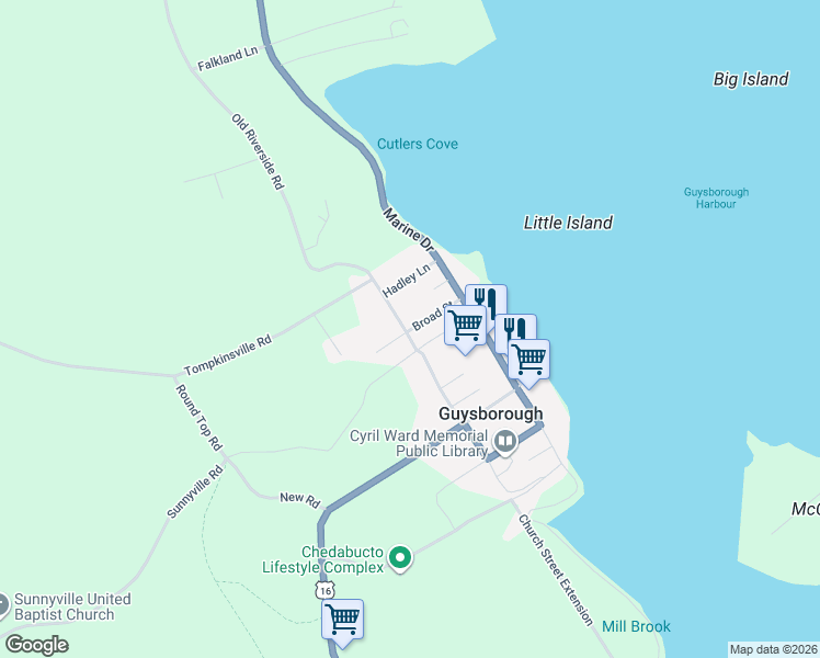 map of restaurants, bars, coffee shops, grocery stores, and more near 40 Broad Street in Guysborough