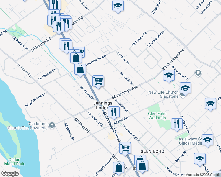 map of restaurants, bars, coffee shops, grocery stores, and more near 17960 Southeast Addie Street in Portland