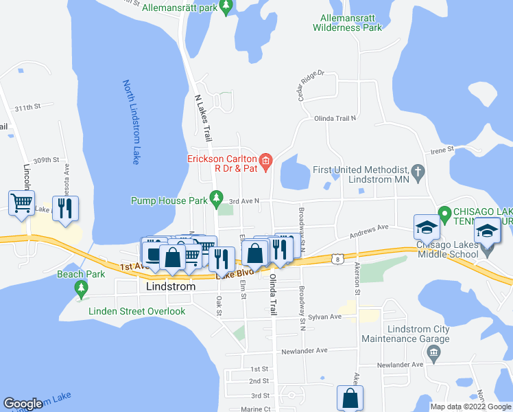 map of restaurants, bars, coffee shops, grocery stores, and more near 30760 Palmer Court in Lindstrom