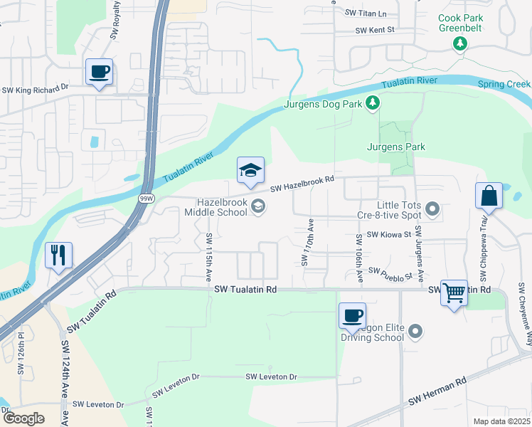 map of restaurants, bars, coffee shops, grocery stores, and more near 11300 Southwest Hazelbrook Road in Tualatin