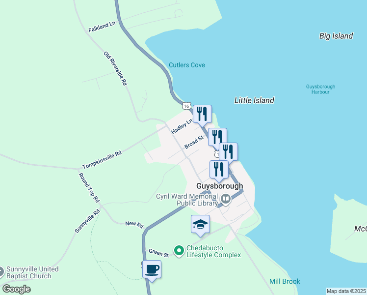 map of restaurants, bars, coffee shops, grocery stores, and more near 40 Broad Street in Guysborough