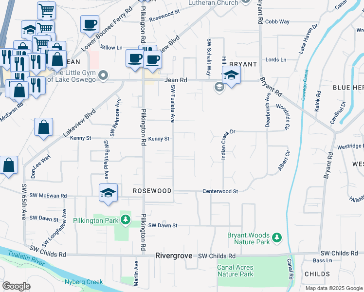 map of restaurants, bars, coffee shops, grocery stores, and more near 18221 Bickel Court in Lake Oswego