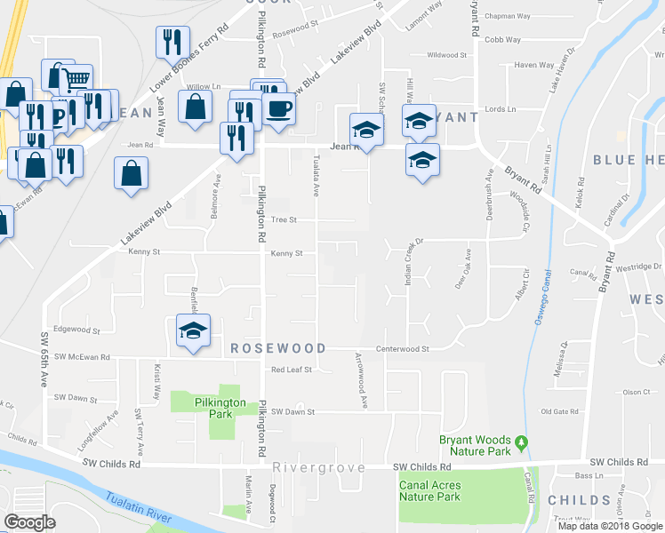 map of restaurants, bars, coffee shops, grocery stores, and more near 18221 Bickel Court in Lake Oswego