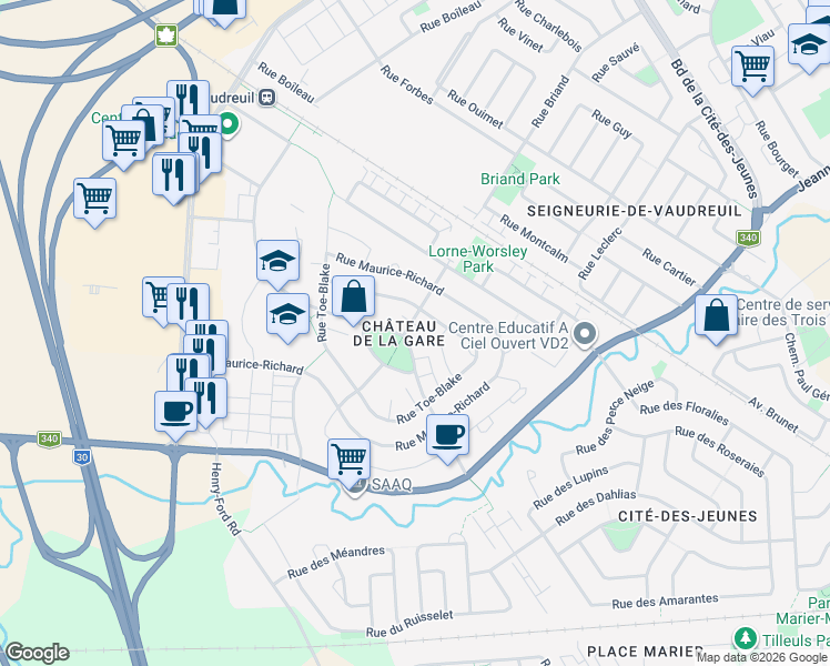 map of restaurants, bars, coffee shops, grocery stores, and more near 1100 Rue Émile-Bouchard in Vaudreuil-Dorion