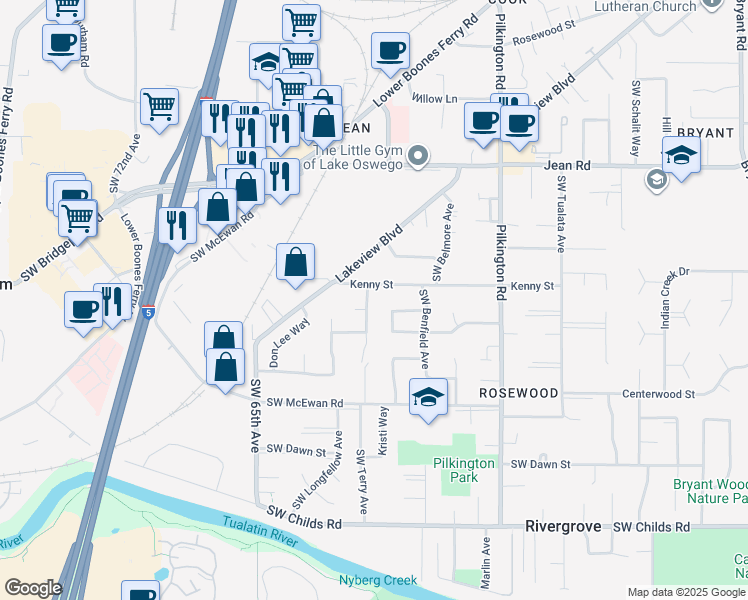 map of restaurants, bars, coffee shops, grocery stores, and more near 18238 Southwest Terry Avenue in Lake Oswego
