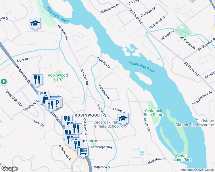 map of restaurants, bars, coffee shops, grocery stores, and more near 4433 Calaroga Drive in West Linn