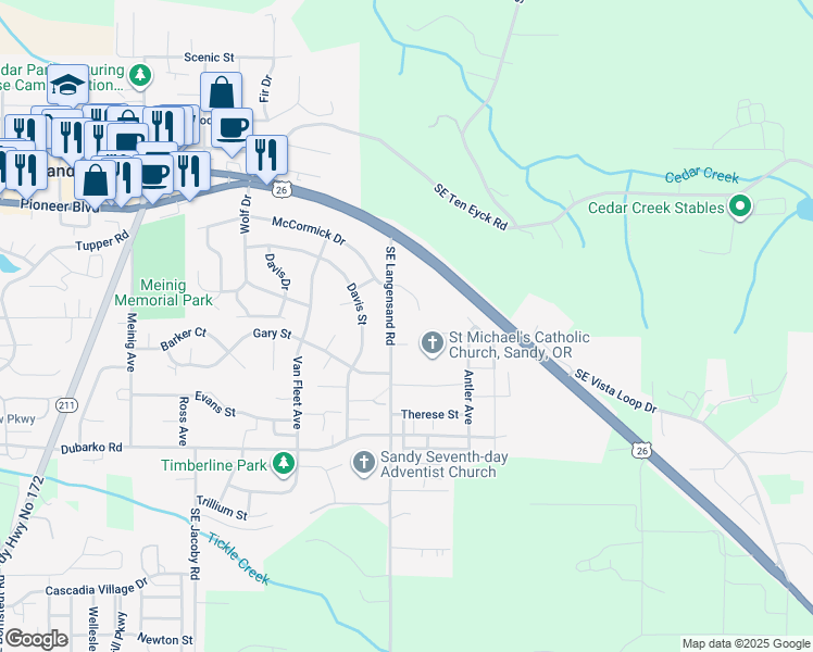 map of restaurants, bars, coffee shops, grocery stores, and more near 18010 Southeast Langensand Road in Sandy