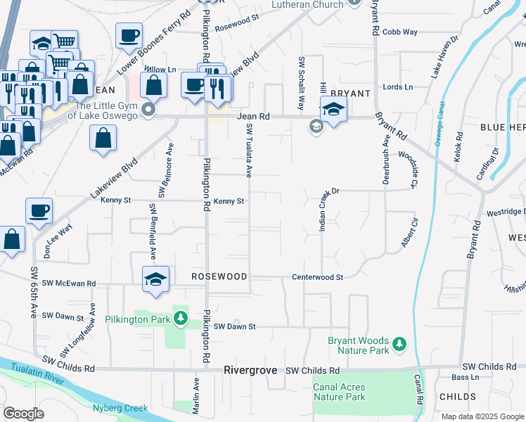 map of restaurants, bars, coffee shops, grocery stores, and more near 18221 Bickel Court in Lake Oswego