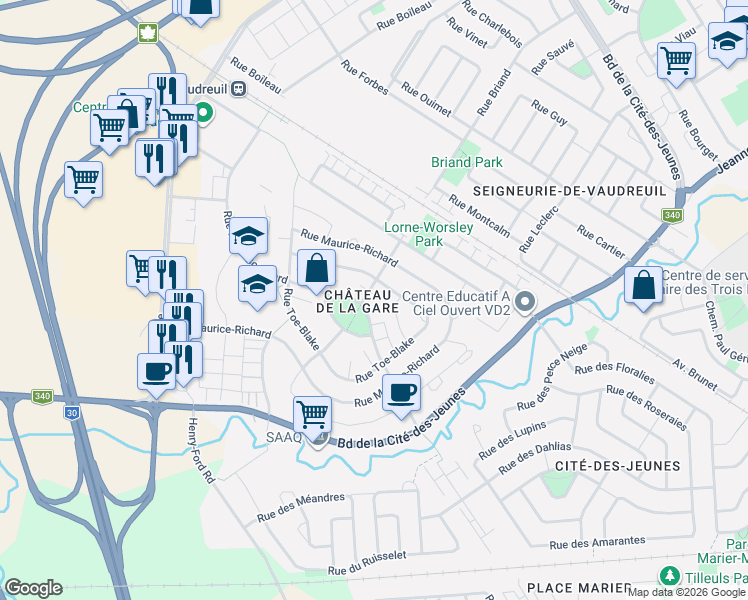 map of restaurants, bars, coffee shops, grocery stores, and more near 1100 Rue Émile-Bouchard in Vaudreuil-Dorion