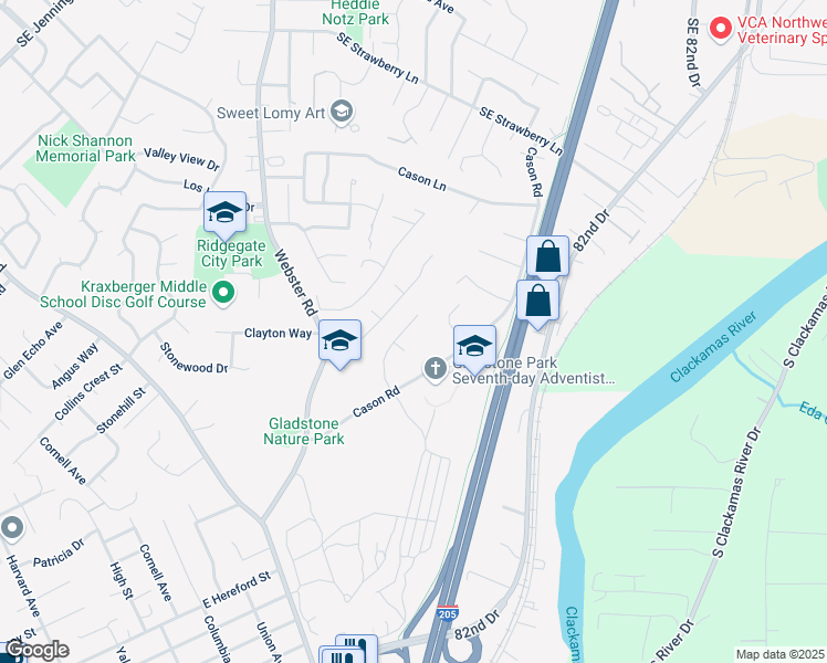 map of restaurants, bars, coffee shops, grocery stores, and more near 7560 Ridge Drive in Gladstone