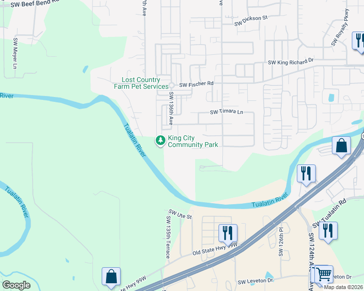 map of restaurants, bars, coffee shops, grocery stores, and more near 17466 Southwest 135th Place in King City