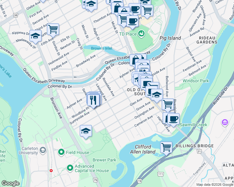 map of restaurants, bars, coffee shops, grocery stores, and more near in Ottawa