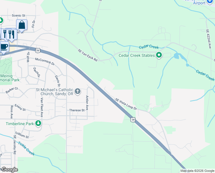 map of restaurants, bars, coffee shops, grocery stores, and more near 40747 SE Hwy 26 in Sandy