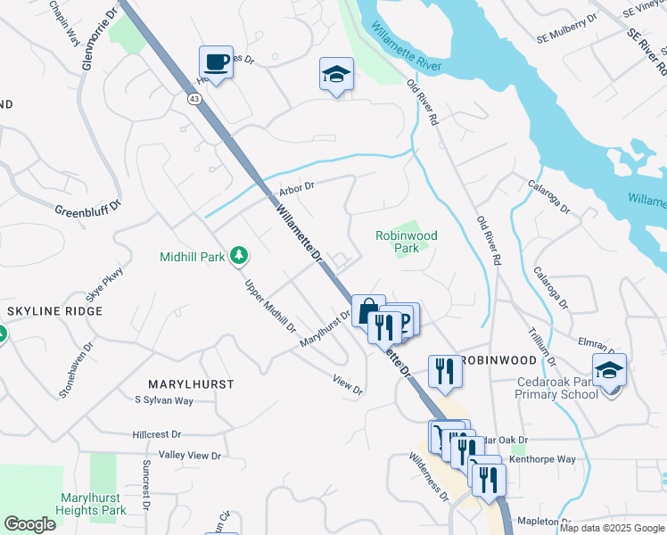 map of restaurants, bars, coffee shops, grocery stores, and more near 18397 Shady Hollow Way in West Linn