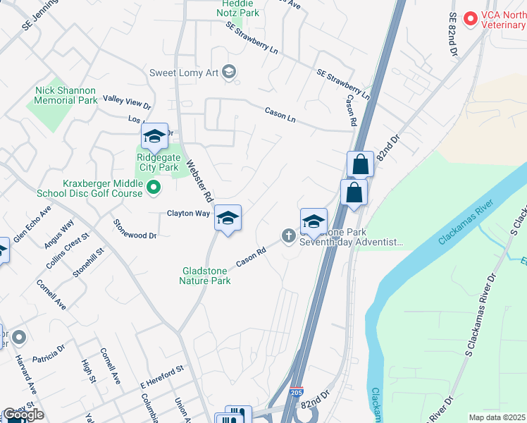 map of restaurants, bars, coffee shops, grocery stores, and more near 7560 Ridge Drive in Gladstone