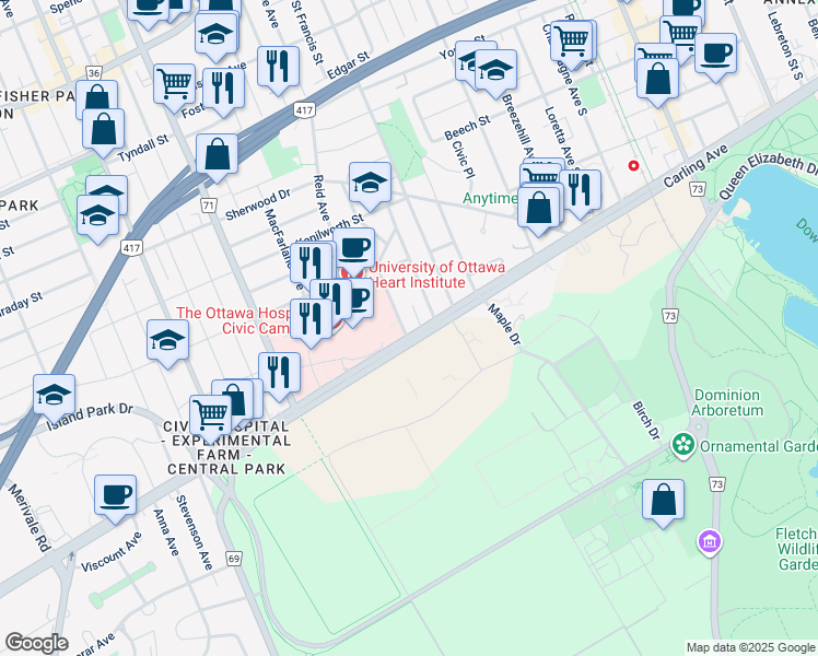 map of restaurants, bars, coffee shops, grocery stores, and more near 221 Melrose Avenue South in Ottawa