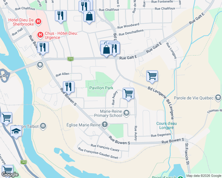map of restaurants, bars, coffee shops, grocery stores, and more near 992 Rue Walsh in Sherbrooke