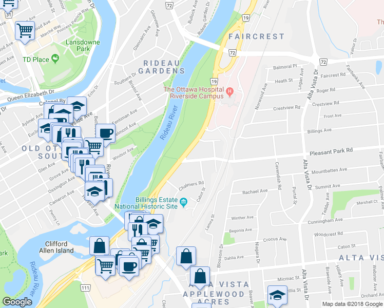 map of restaurants, bars, coffee shops, grocery stores, and more near 2047 Riverside Drive in Ottawa
