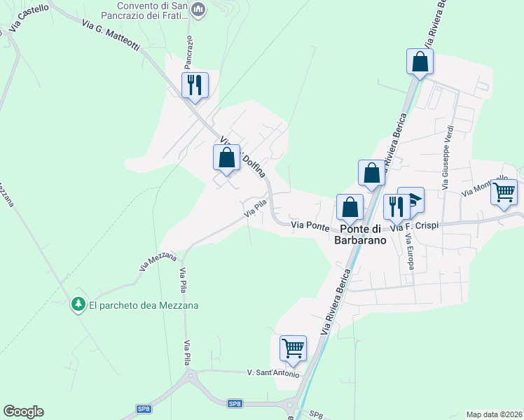 map of restaurants, bars, coffee shops, grocery stores, and more near 9 Via Pila in Ponte di Barbarano