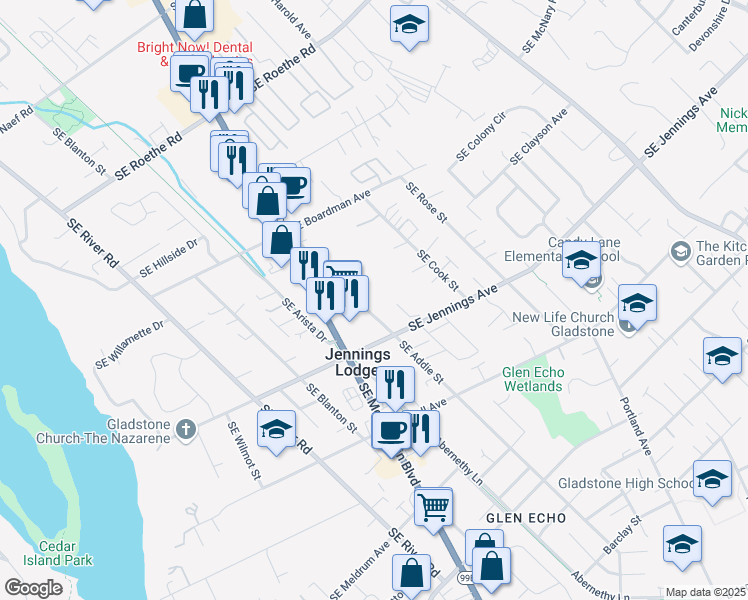 map of restaurants, bars, coffee shops, grocery stores, and more near 17960 Southeast Addie Street in Portland