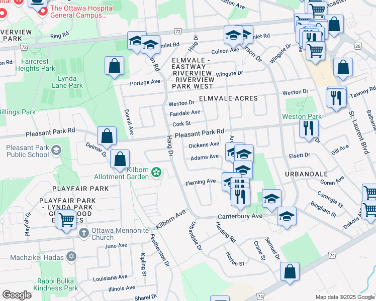 map of restaurants, bars, coffee shops, grocery stores, and more near in Ottawa