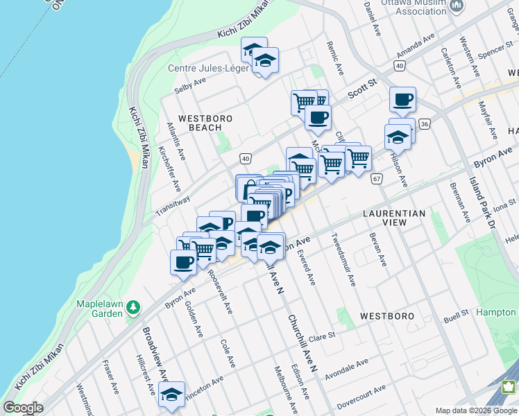map of restaurants, bars, coffee shops, grocery stores, and more near 309 Ottawa 36 in Ottawa