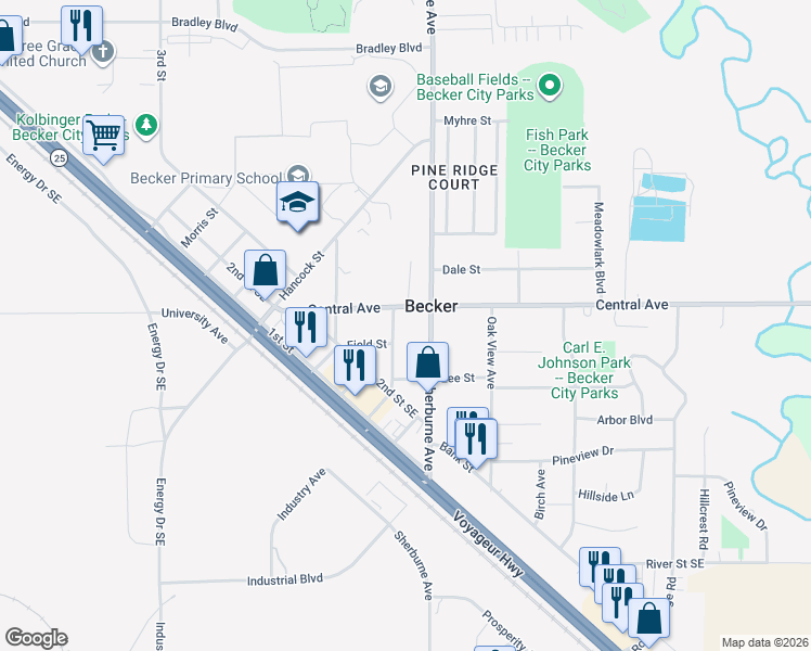 map of restaurants, bars, coffee shops, grocery stores, and more near 13925 Central Avenue in Becker