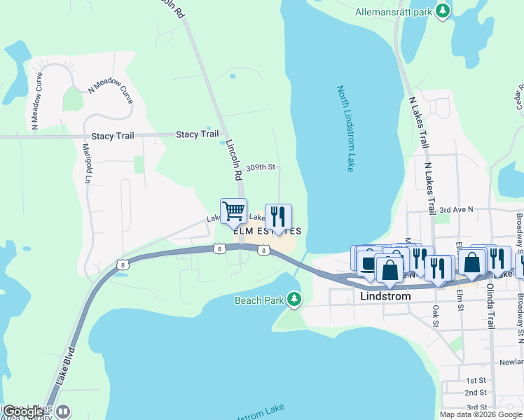 map of restaurants, bars, coffee shops, grocery stores, and more near 12346 Lake Lane in Lindstrom