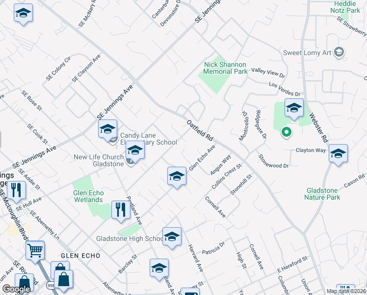 map of restaurants, bars, coffee shops, grocery stores, and more near 18340 Cornell Place in Gladstone
