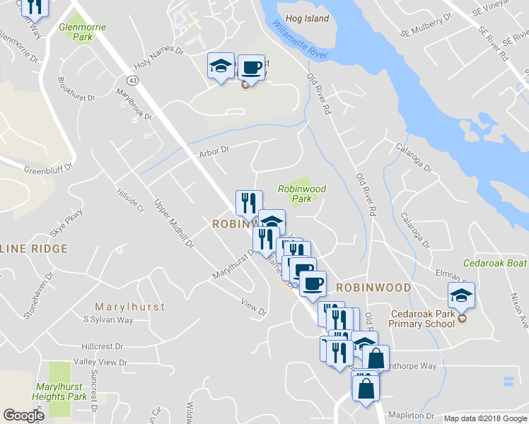 map of restaurants, bars, coffee shops, grocery stores, and more near 18310 Shady Hollow Way in West Linn