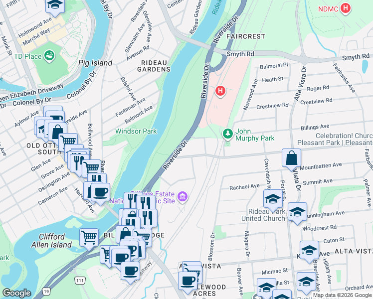 map of restaurants, bars, coffee shops, grocery stores, and more near 2047 Riverside Drive in Ottawa