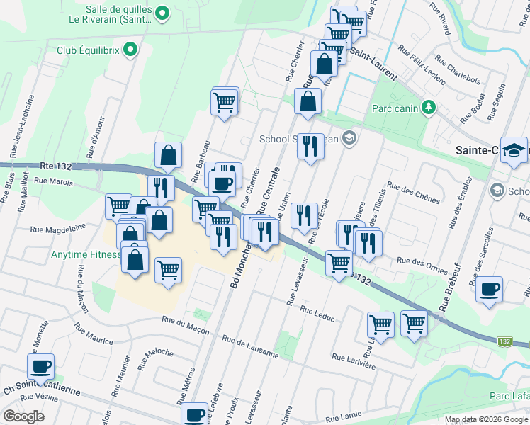 map of restaurants, bars, coffee shops, grocery stores, and more near 1845 Rue Centrale in Sainte-Catherine