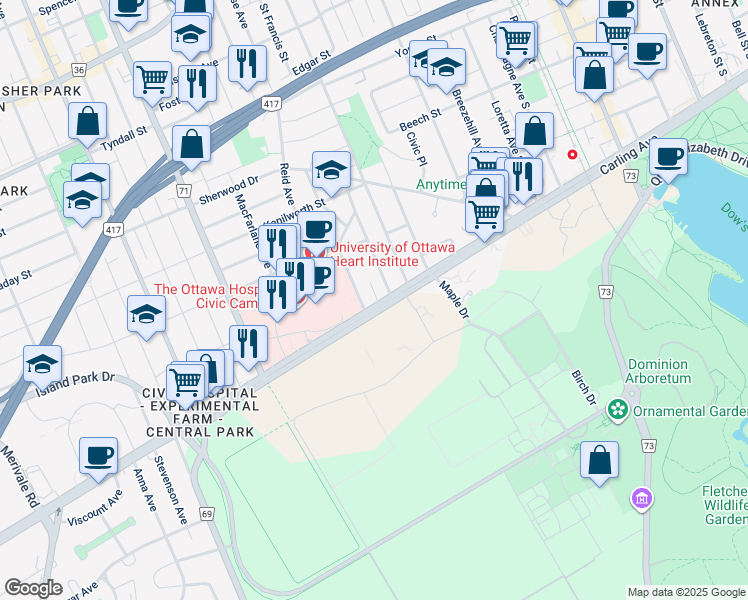 map of restaurants, bars, coffee shops, grocery stores, and more near 221 Melrose Avenue South in Ottawa