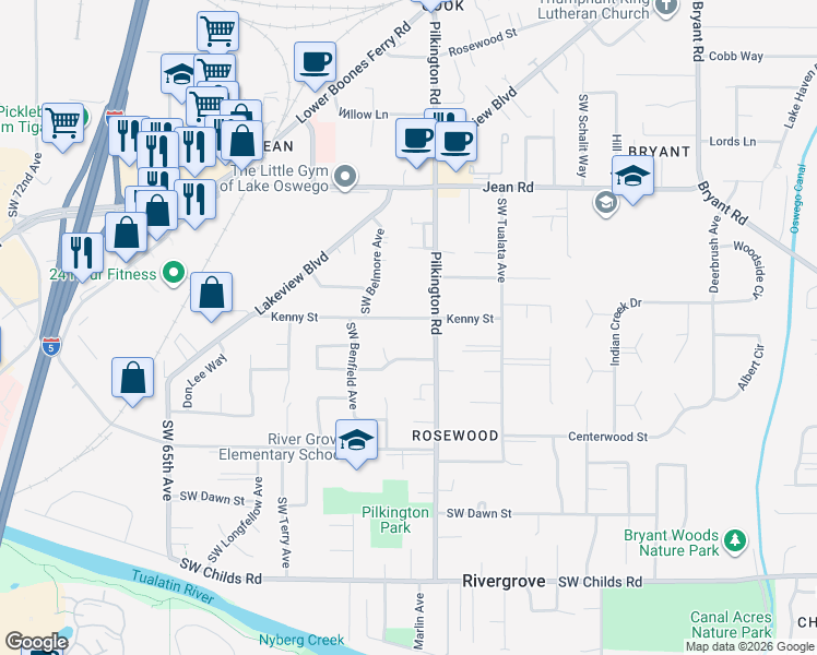 map of restaurants, bars, coffee shops, grocery stores, and more near 5556 Kenny Street in Lake Oswego