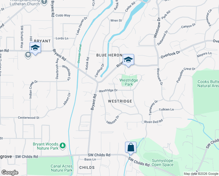 map of restaurants, bars, coffee shops, grocery stores, and more near 11 Westridge Drive in Lake Oswego